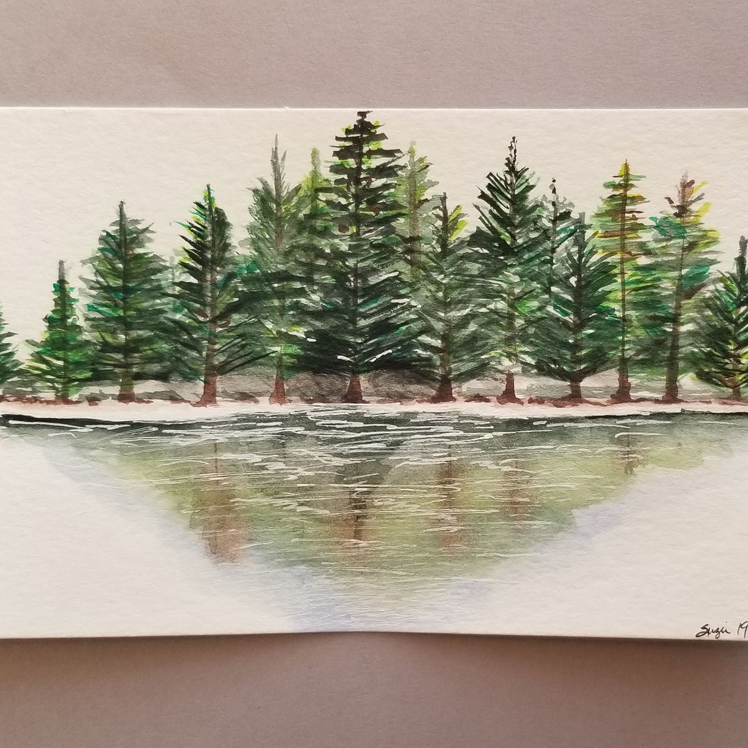 Painting of a forest scene with trees reflected in water on a beige background