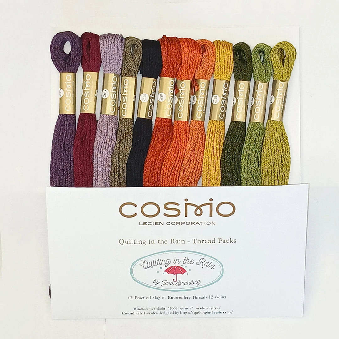 Set of embroidery threads in various colors with Cosimio branding on a white background