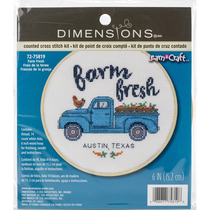 Dimensions by Learn Craft Farm Fresh counted cross stitch kit in its retail packaging, featuring a blue vintage pickup truck with flowers and the words &