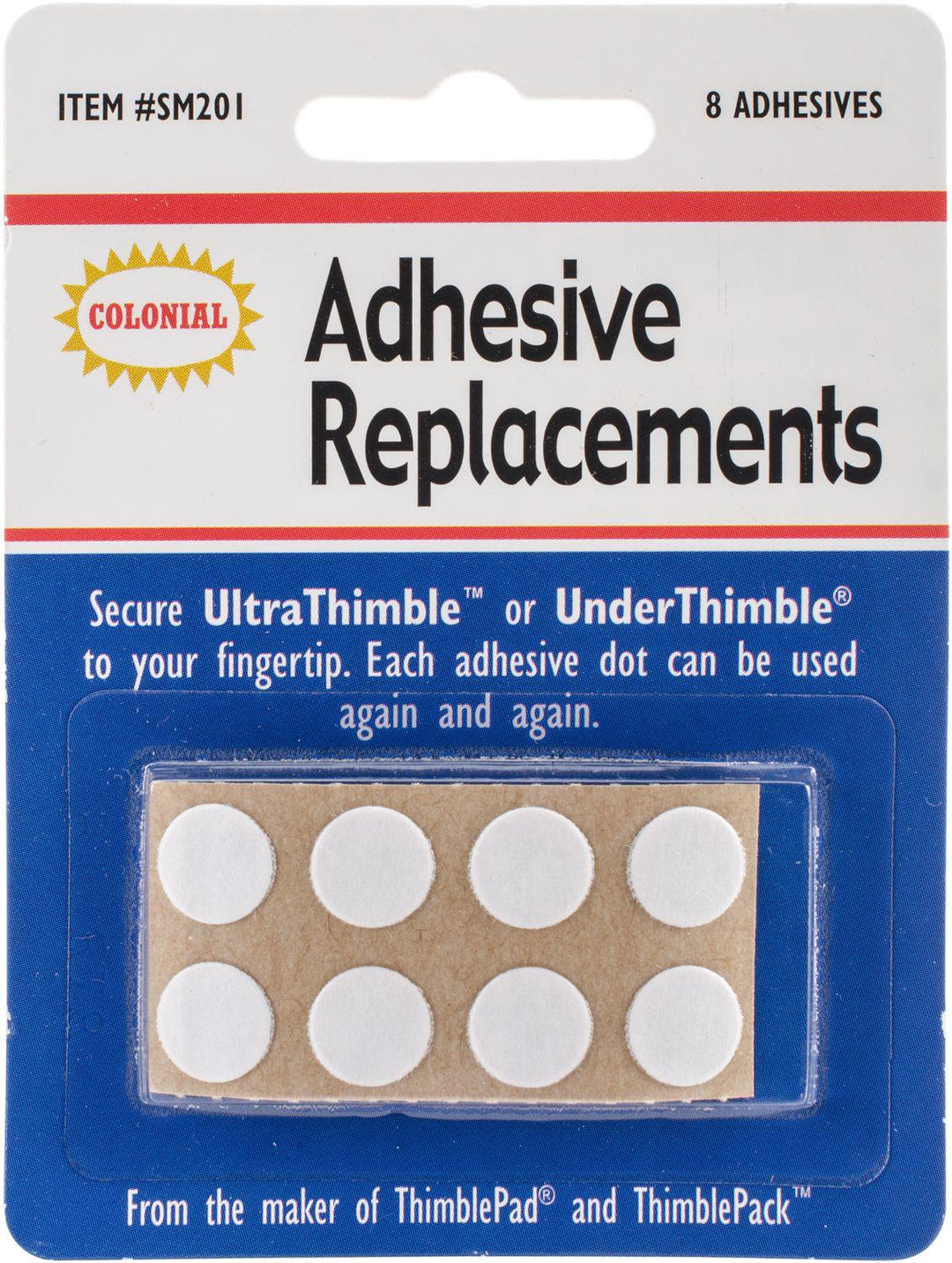Colonial brand adhesive replacements in a blister pack, containing eight white circular adhesive dots on a brown backing card, with a white and blue retail header.