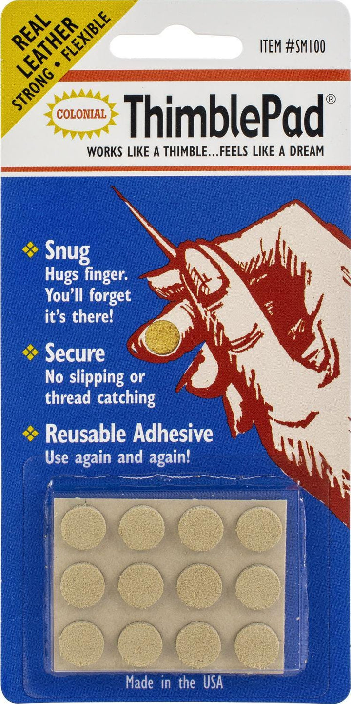 May include: Package of ThimblePads, real leather, flexible, and strong. The package includes a graphic of a hand using a thimble and the text &amp;quot;Snug, Secure, Reusable Adhesive&amp;quot;. The package is blue and white.